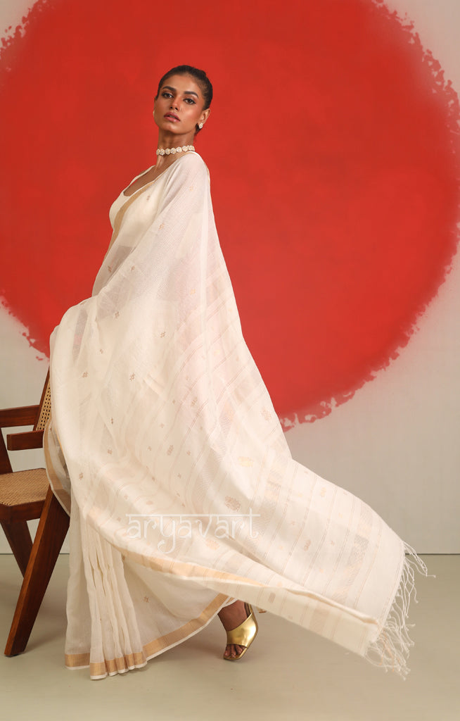 Striking White Saree With Woven Zari Jamdani Design