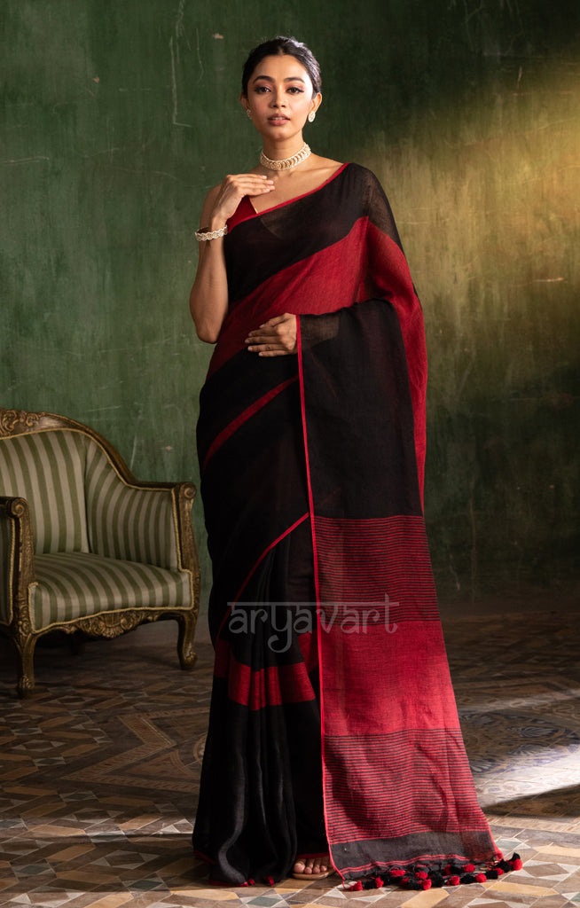 Striking Black & Red Linen saree