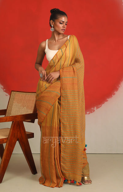 Mustard Linen Saree With Multicoloured Stitch design