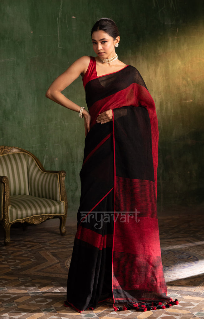 Striking Black & Red Linen saree