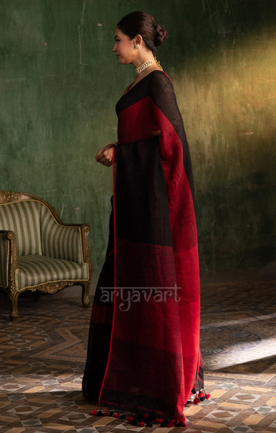 Striking Black & Red Linen saree