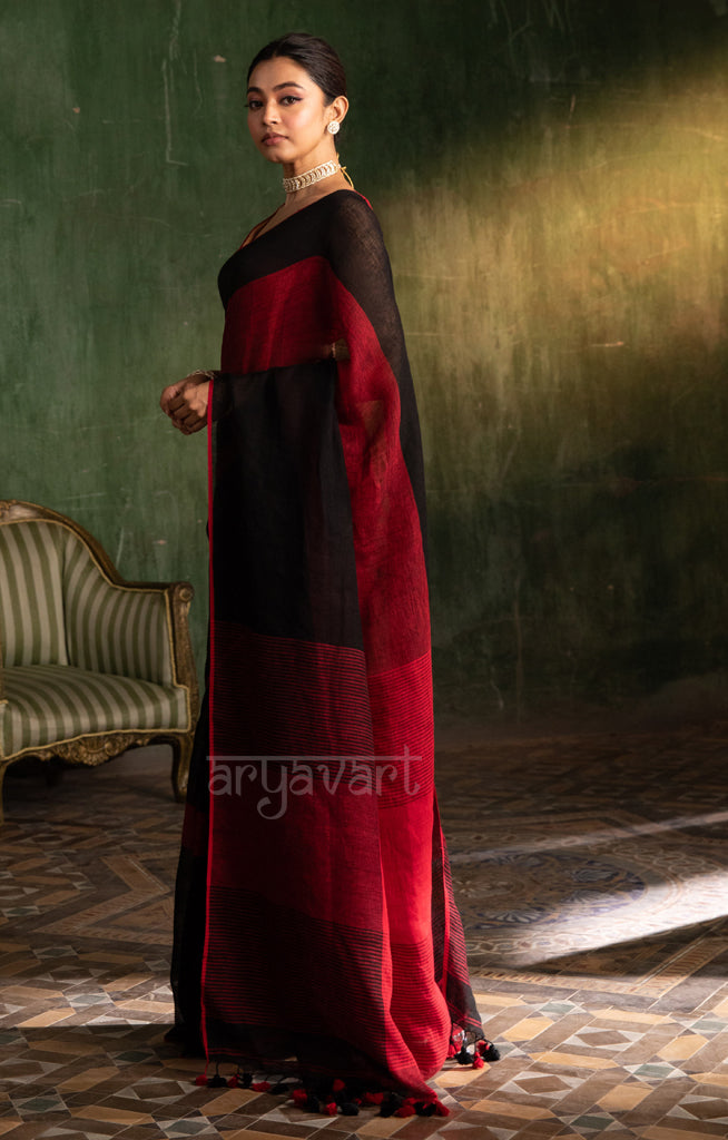 Striking Black & Red Linen saree