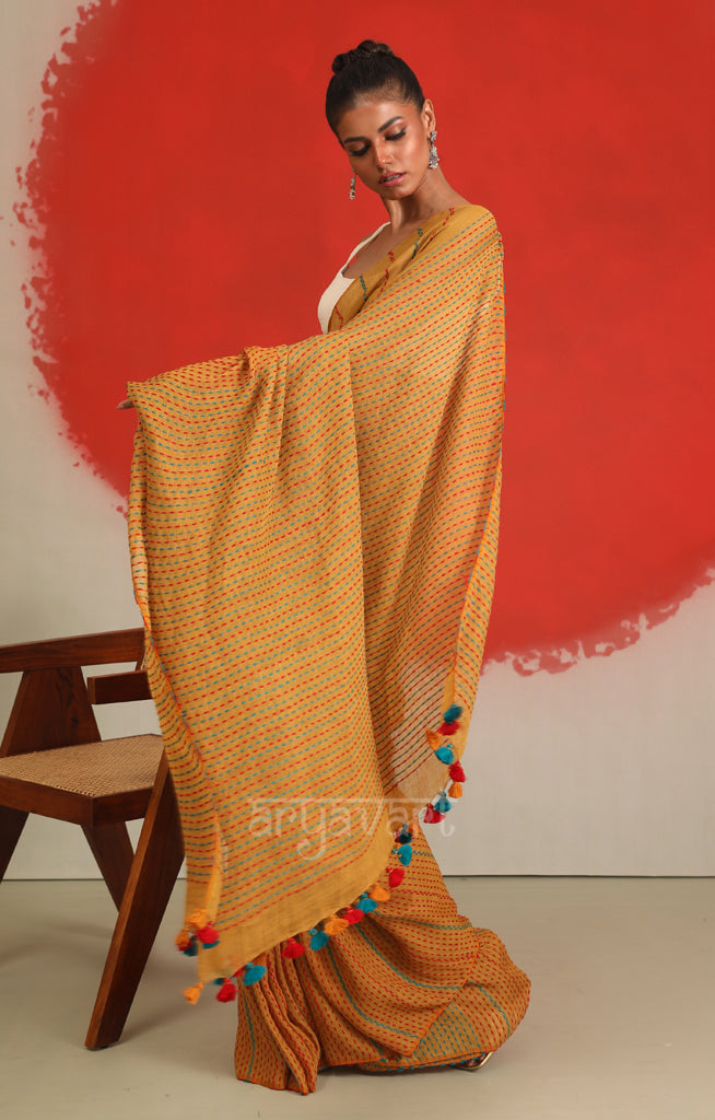 Mustard Linen Saree With Multicoloured Stitch design