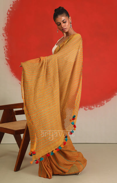 Mustard Linen Saree With Multicoloured Stitch design