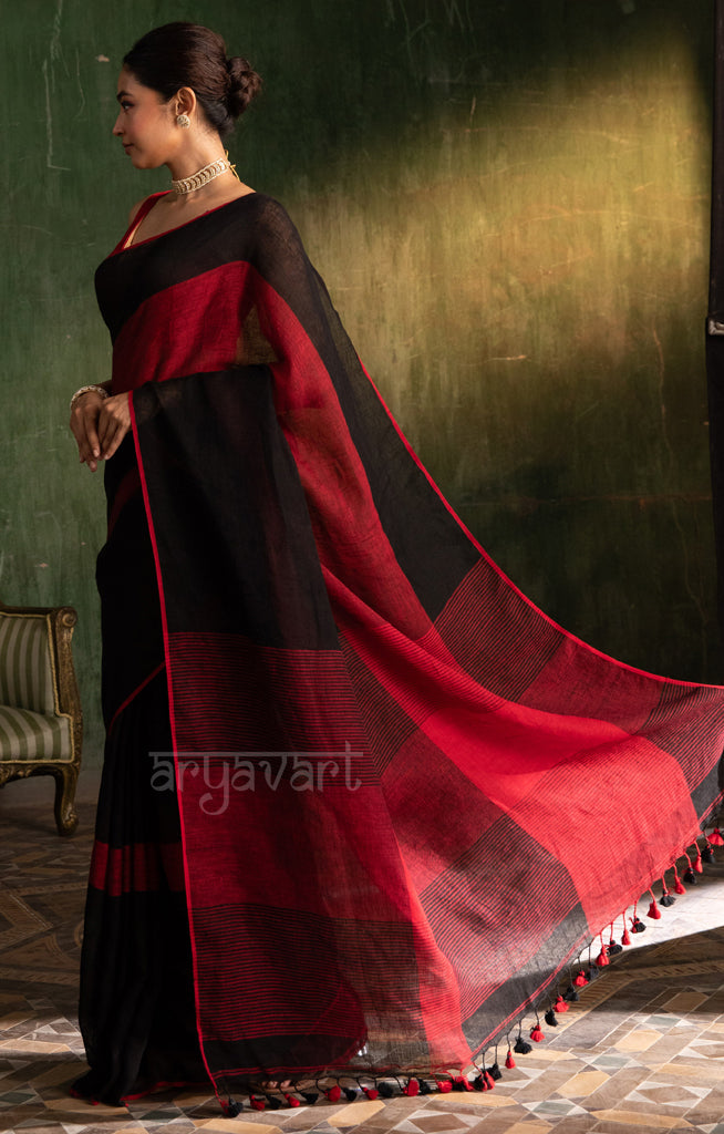 Striking Black & Red Linen saree