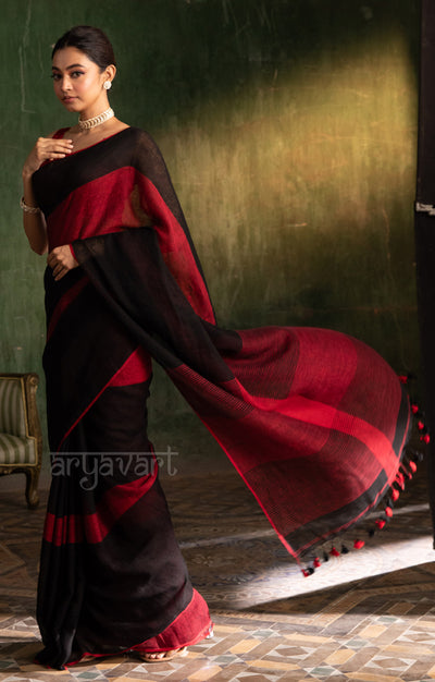 Striking Black & Red Linen saree