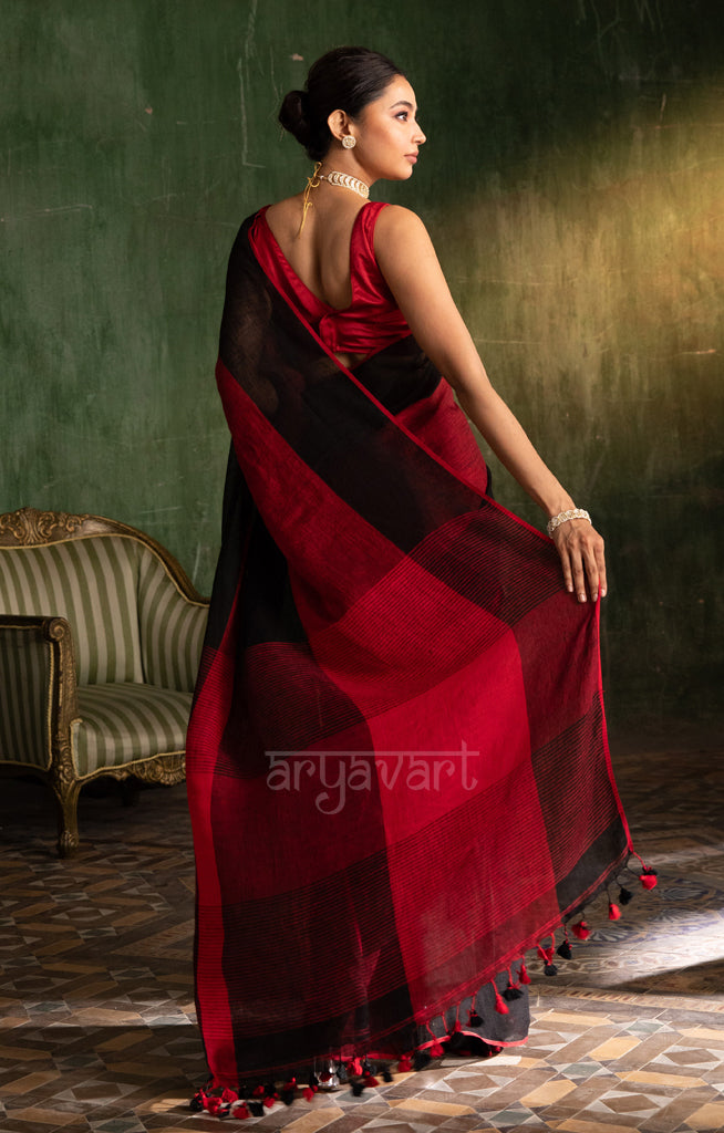 Striking Black & Red Linen saree