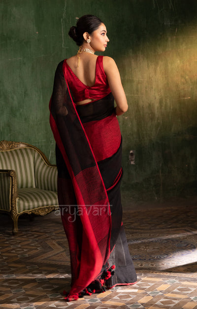 Striking Black & Red Linen saree