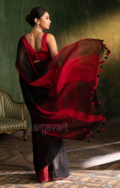 Striking Black & Red Linen saree