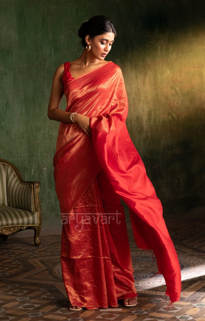 Scarlet Red Tussar Silk Saree