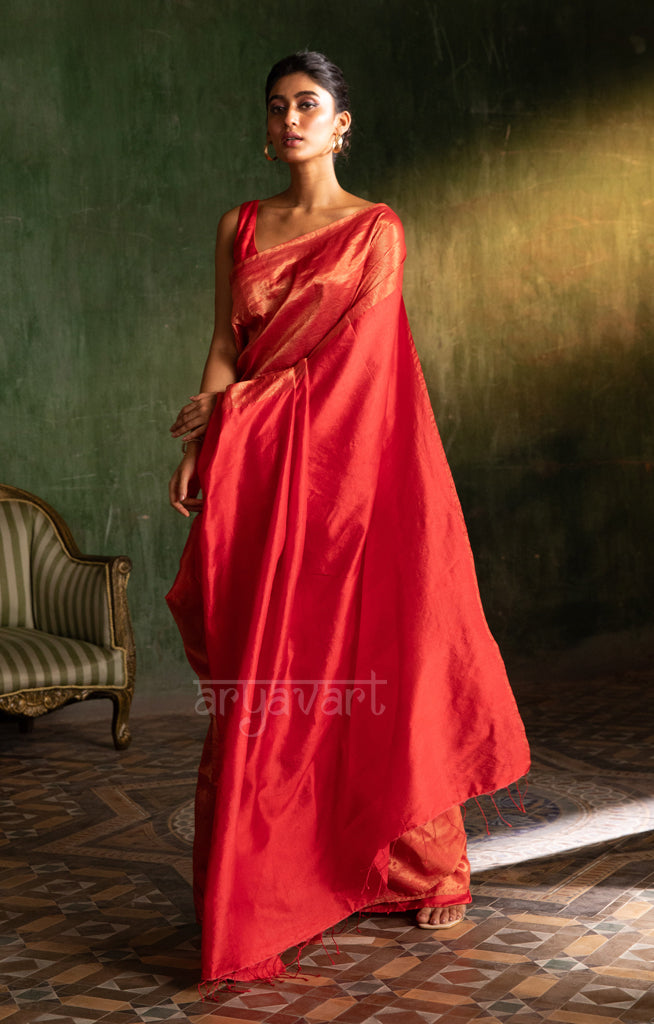 Scarlet Red Tussar Silk Saree