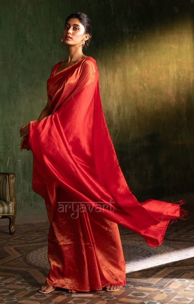 Scarlet Red Tussar Silk Saree