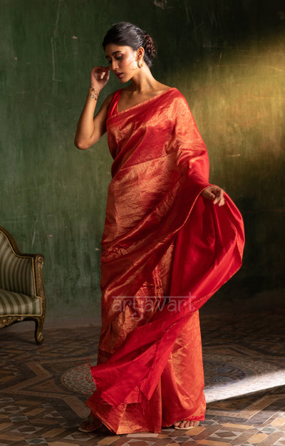 Scarlet Red Tussar Silk Saree