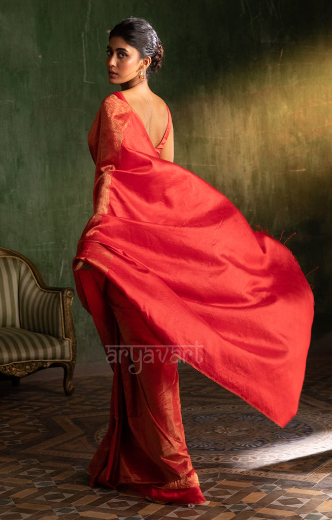 Scarlet Red Tussar Silk Saree