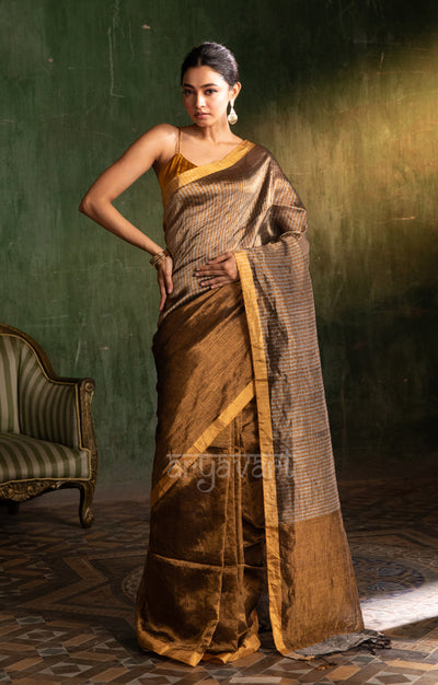 Stunning Gold Tissue Linen Saree With Stripped Pallu