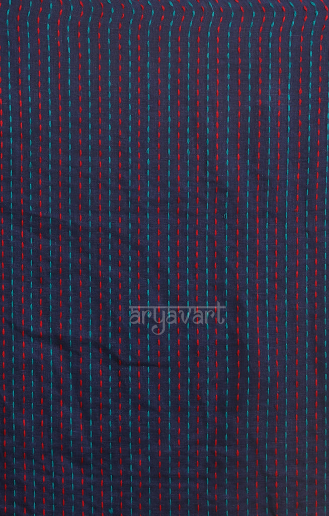 Midnight Blue Linen Saree with Woven Colourful Jamdani Design
