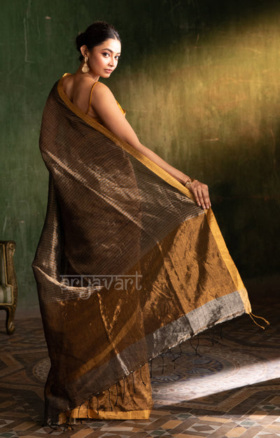 Stunning Gold Tissue Linen Saree With Stripped Pallu