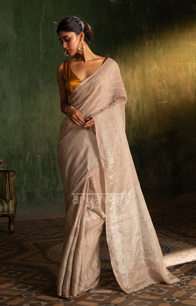 Light Fawn Linen Saree With Silver Zari Horizontal Strips