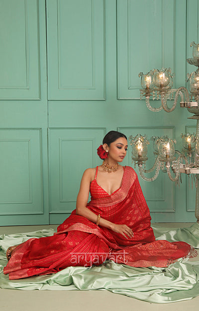 Scarlet Red Matka Silk Saree With Zari Woven Design