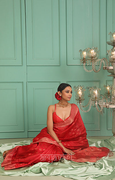 Scarlet Red Matka Silk Saree With Zari Woven Design