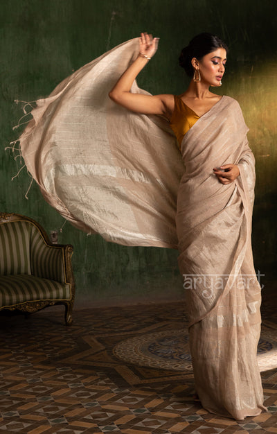 Light Fawn Linen Saree With Silver Zari Horizontal Strips