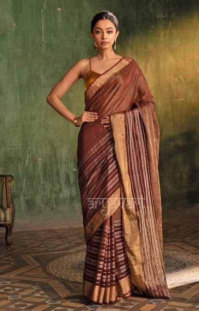 Maroon  Silk Cotton Chanderi  Saree With striking Horizontal Strips in Silver & Gold