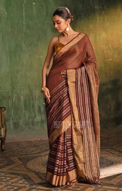 Maroon  Silk Cotton Chanderi  Saree With striking Horizontal Strips in Silver & Gold