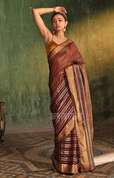 Maroon  Silk Cotton Chanderi  Saree With striking Horizontal Strips in Silver & Gold