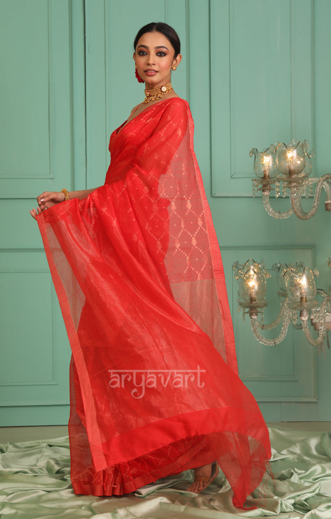 Stunning Red Saree With Woven Zari Jamdani Design