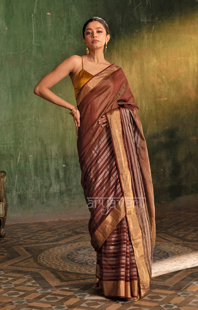 Maroon  Silk Cotton Chanderi  Saree With striking Horizontal Strips in Silver & Gold