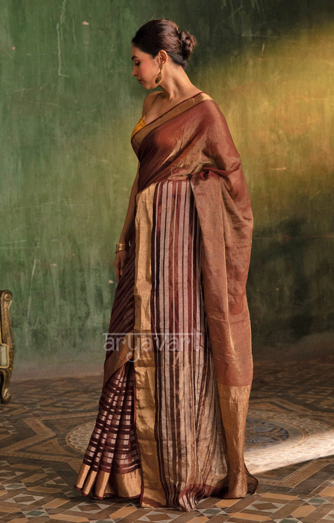 Maroon  Silk Cotton Chanderi  Saree With striking Horizontal Strips in Silver & Gold