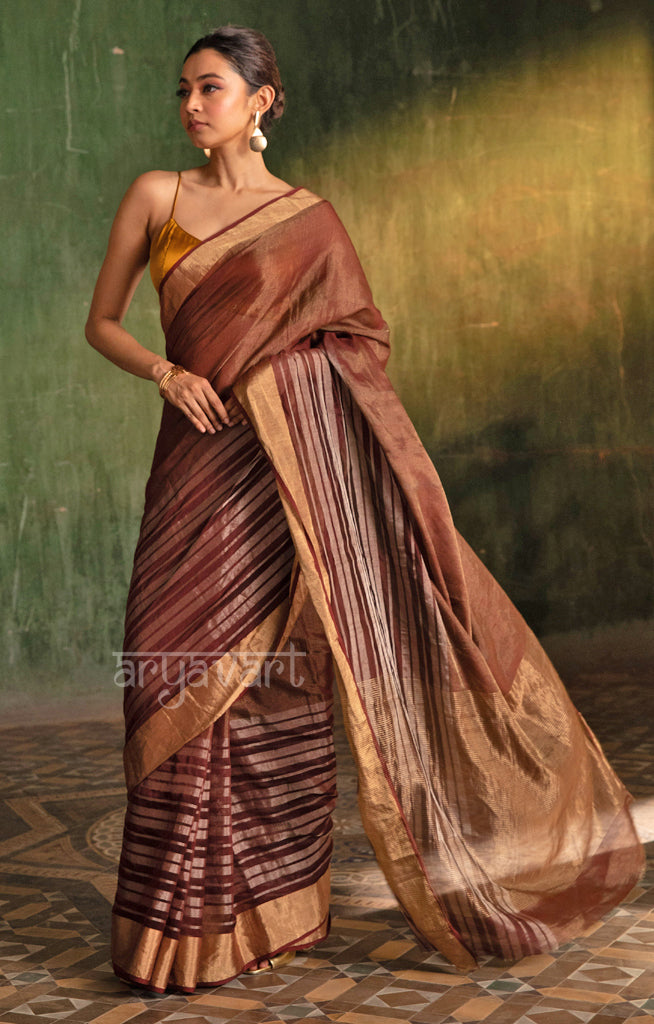 Maroon  Silk Cotton Chanderi  Saree With striking Horizontal Strips in Silver & Gold