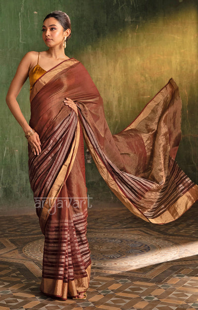 Maroon  Silk Cotton Chanderi  Saree With striking Horizontal Strips in Silver & Gold