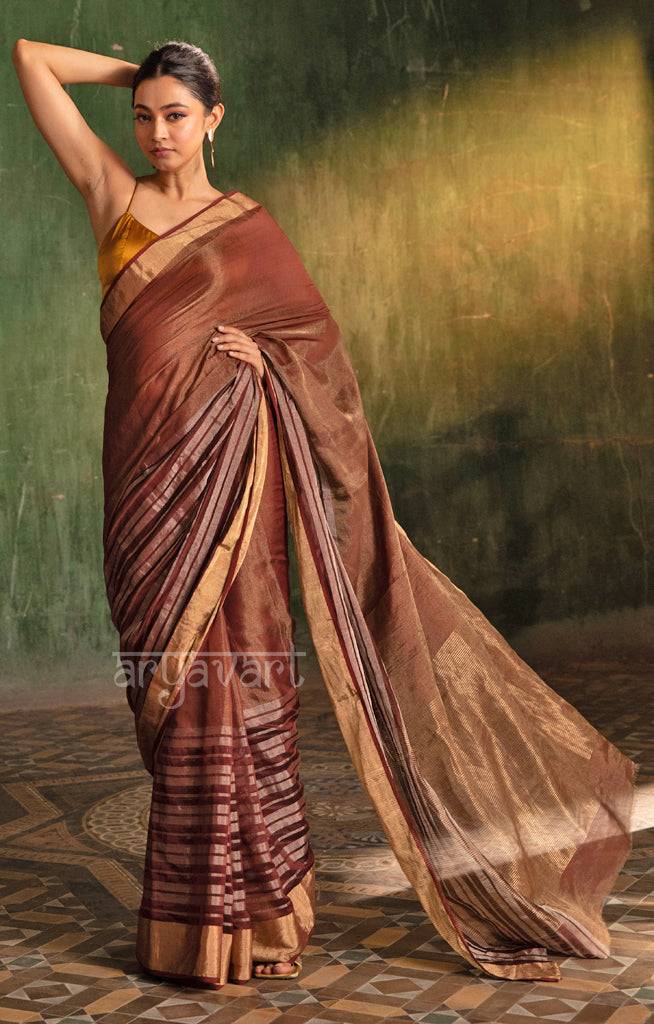 Maroon  Silk Cotton Chanderi  Saree With striking Horizontal Strips in Silver & Gold