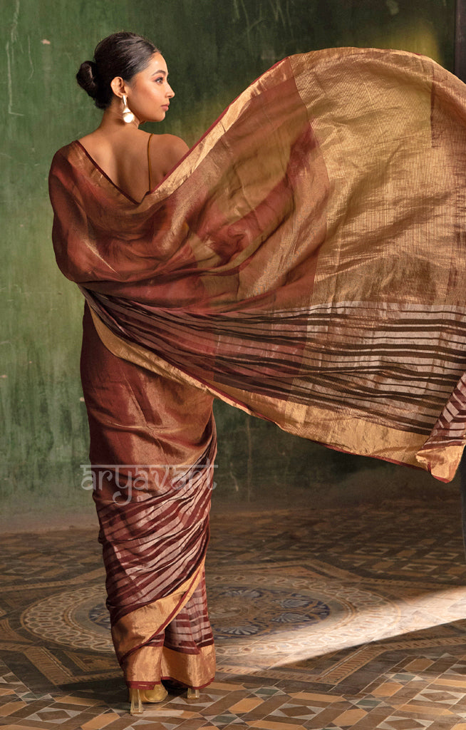 Maroon  Silk Cotton Chanderi  Saree With striking Horizontal Strips in Silver & Gold