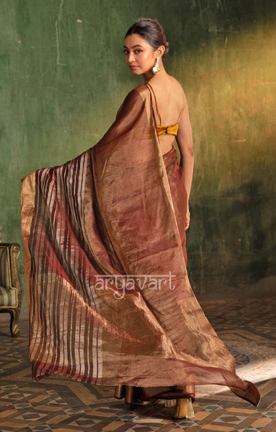 Maroon  Silk Cotton Chanderi  Saree With striking Horizontal Strips in Silver & Gold