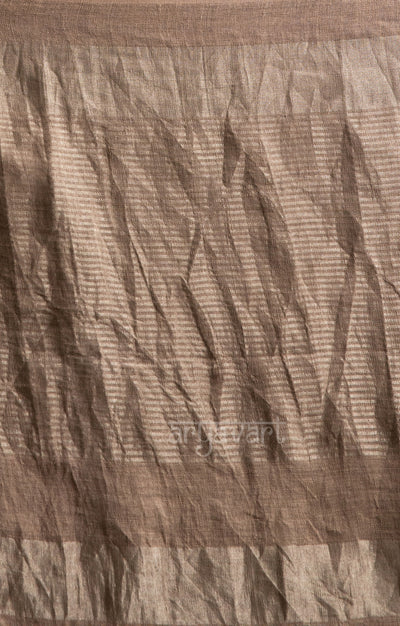 Light Fawn Linen Saree With Silver Zari Horizontal Strips