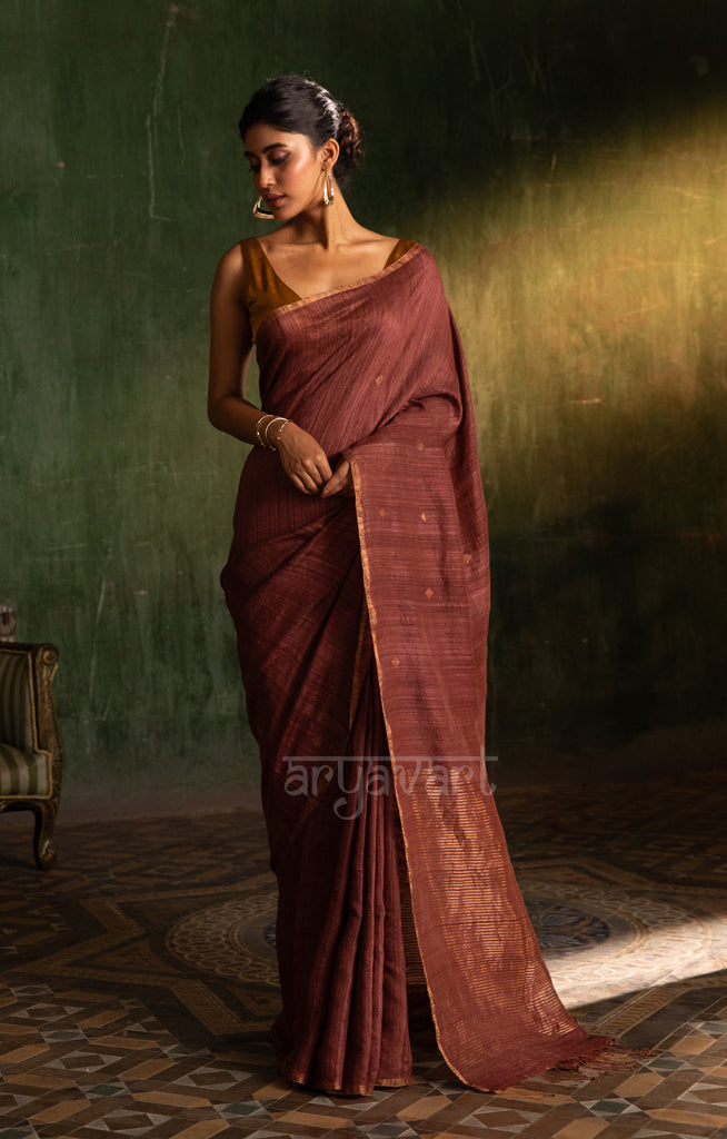 Cinnamon Brown Matka Silk Saree with Woven Jamdani Design