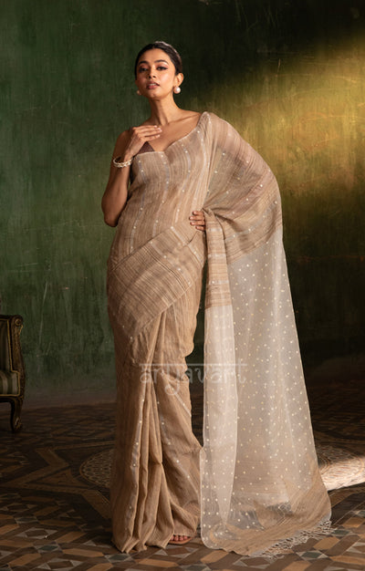 Almond Ghicha Silk Saree With Woven In Shell Sequence