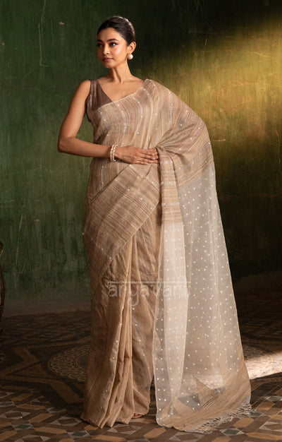 Almond Ghicha Silk Saree With Woven In Shell Sequence