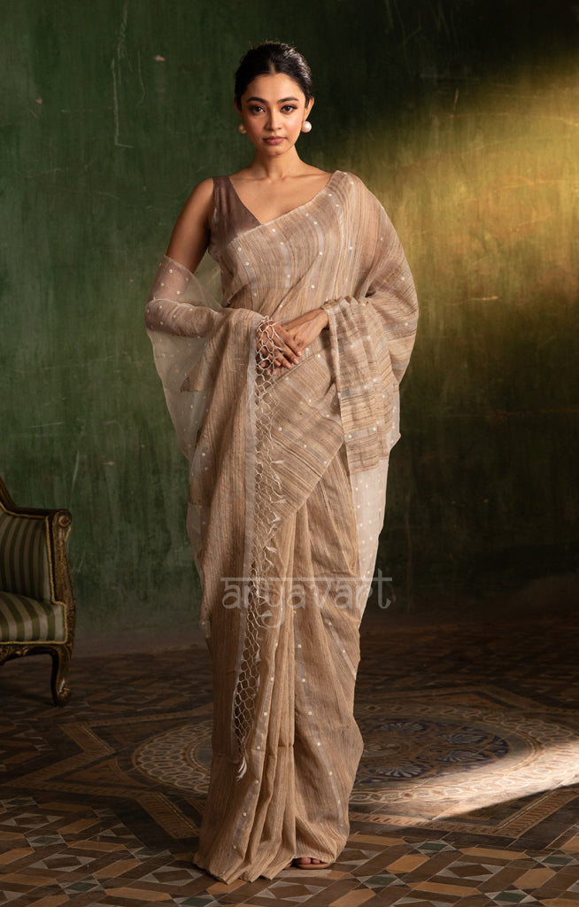 Almond Ghicha Silk Saree With Woven In Shell Sequence