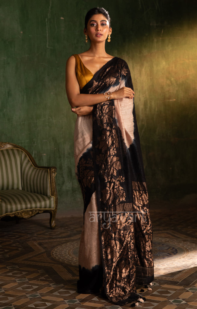 Ivory White & Black Matka Saree With Woven Zari Design