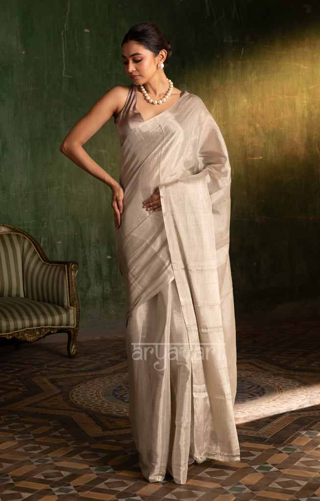 A Stunning Silver Chanderi Tissue Cotton Saree