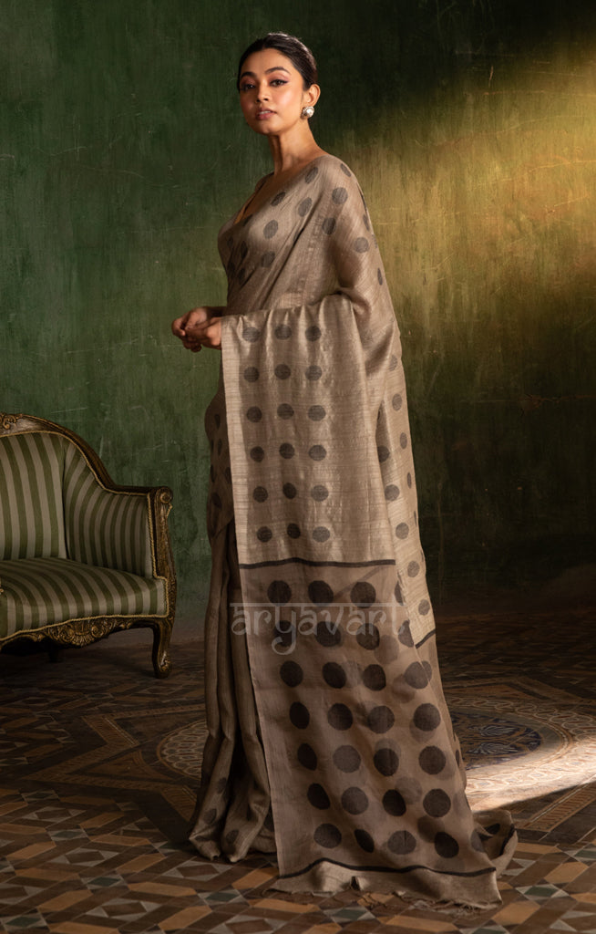 Grey Matka Silk Saree With Stunning Black Jamdani Polka Dots Design