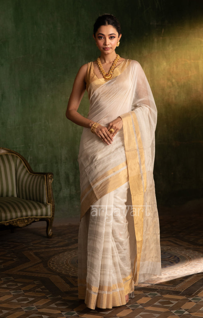 Swarn White Silk Cotton Chanderi Saree With Horizontal Strips in Silver & Gold