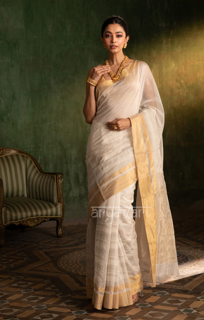 Swarn White Silk Cotton Chanderi Saree With Horizontal Strips in Silver & Gold