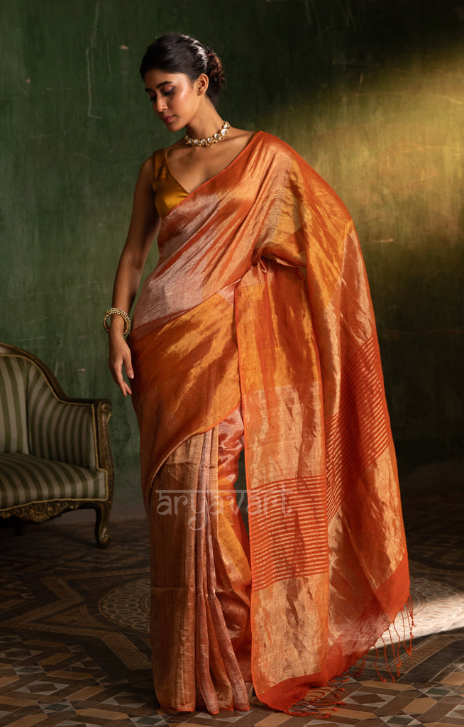 Striking Orange & Coral Tissue Linen Saree