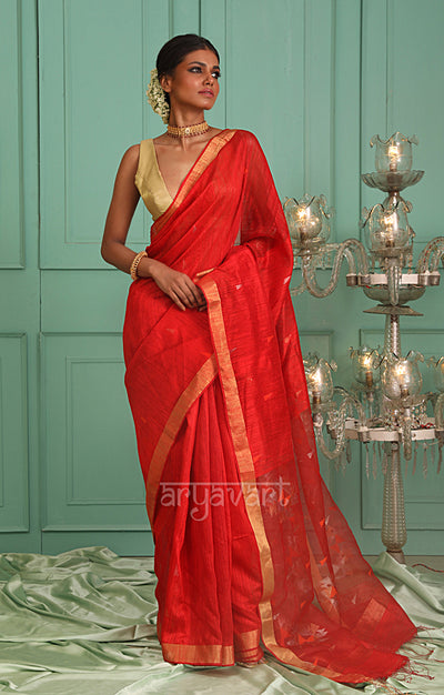 Scarlet Red Silk Saree With Woven In Sequence & Jamdani Motifs