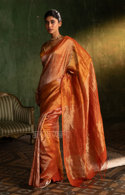 Striking Orange & Coral Tissue Linen Saree