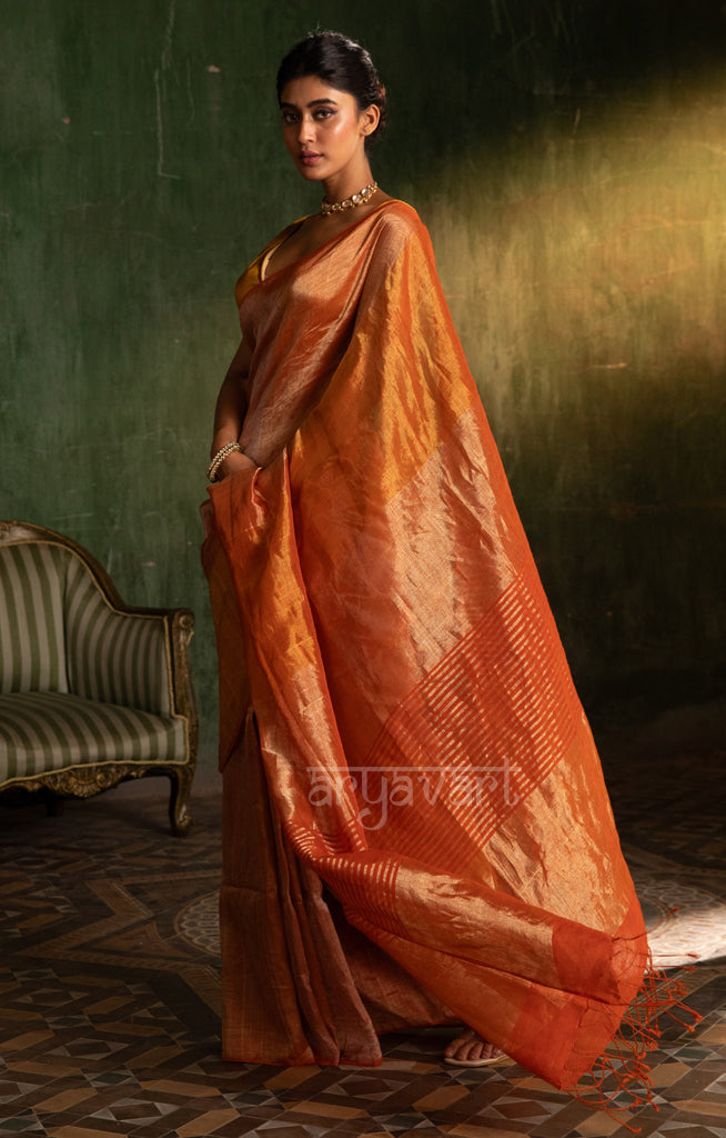 Striking Orange & Coral Tissue Linen Saree